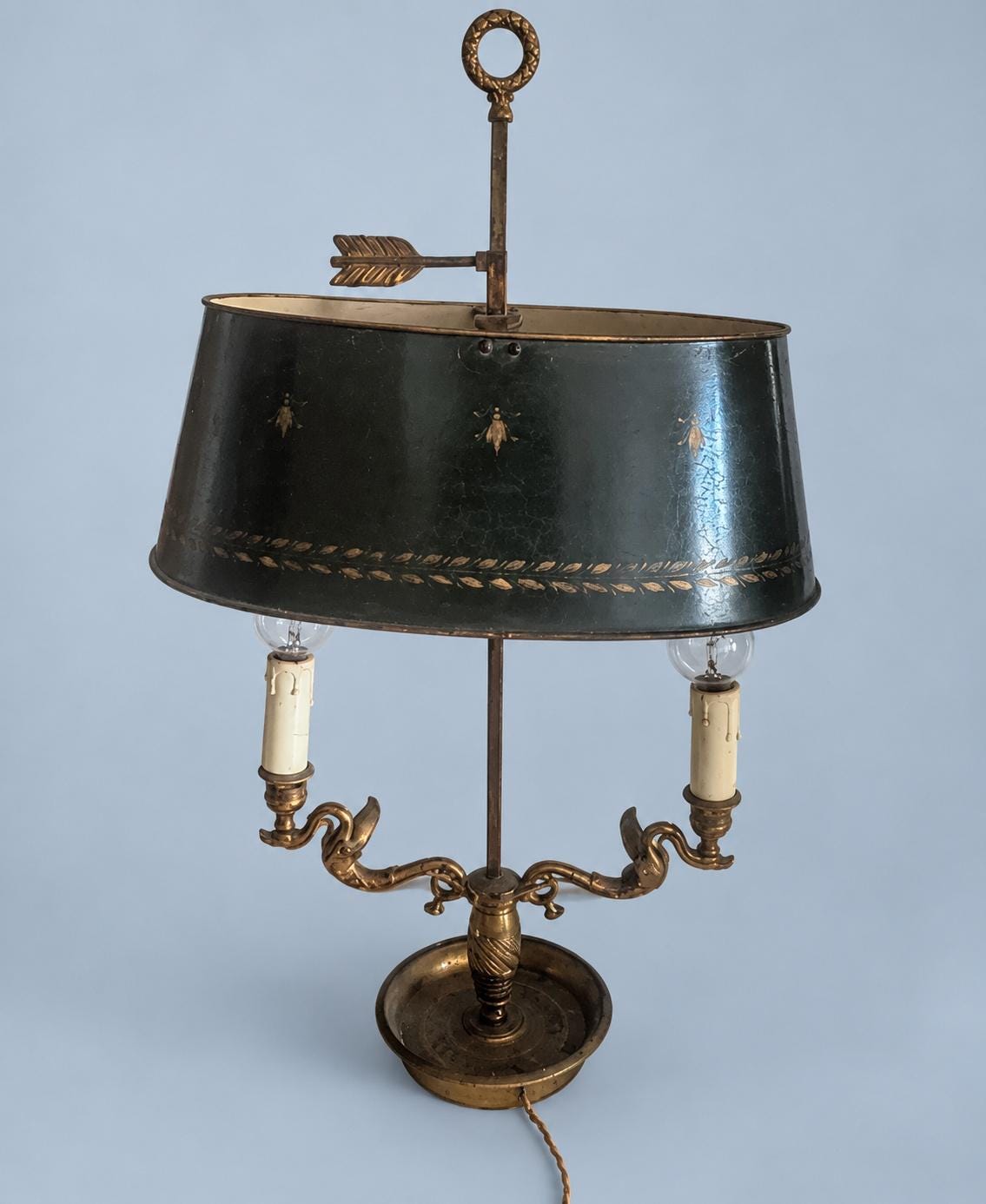 Vintage Empire Style Two-Light Bouillotte Lamp, Bird-Head Arms, Black Tole Shade, Ring Finial, Approx. 60 cm