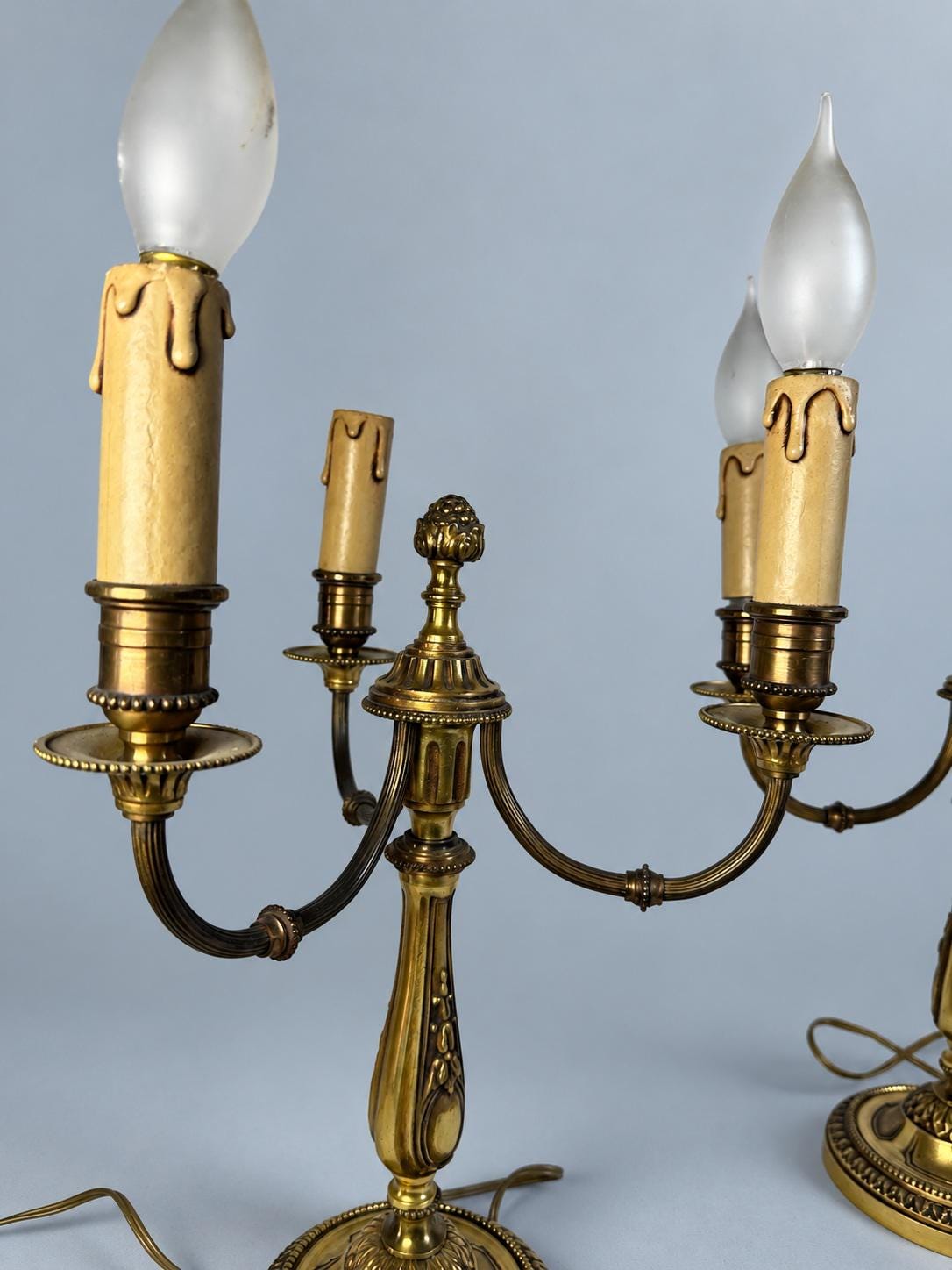 Antique Pair of Napoleon III Louis XVI Style Gilt Metal Three-Light Candelabra Table Lamps