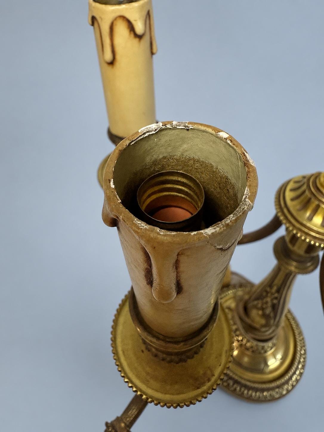 Antique Pair of Napoleon III Louis XVI Style Gilt Metal Three-Light Candelabra Table Lamps