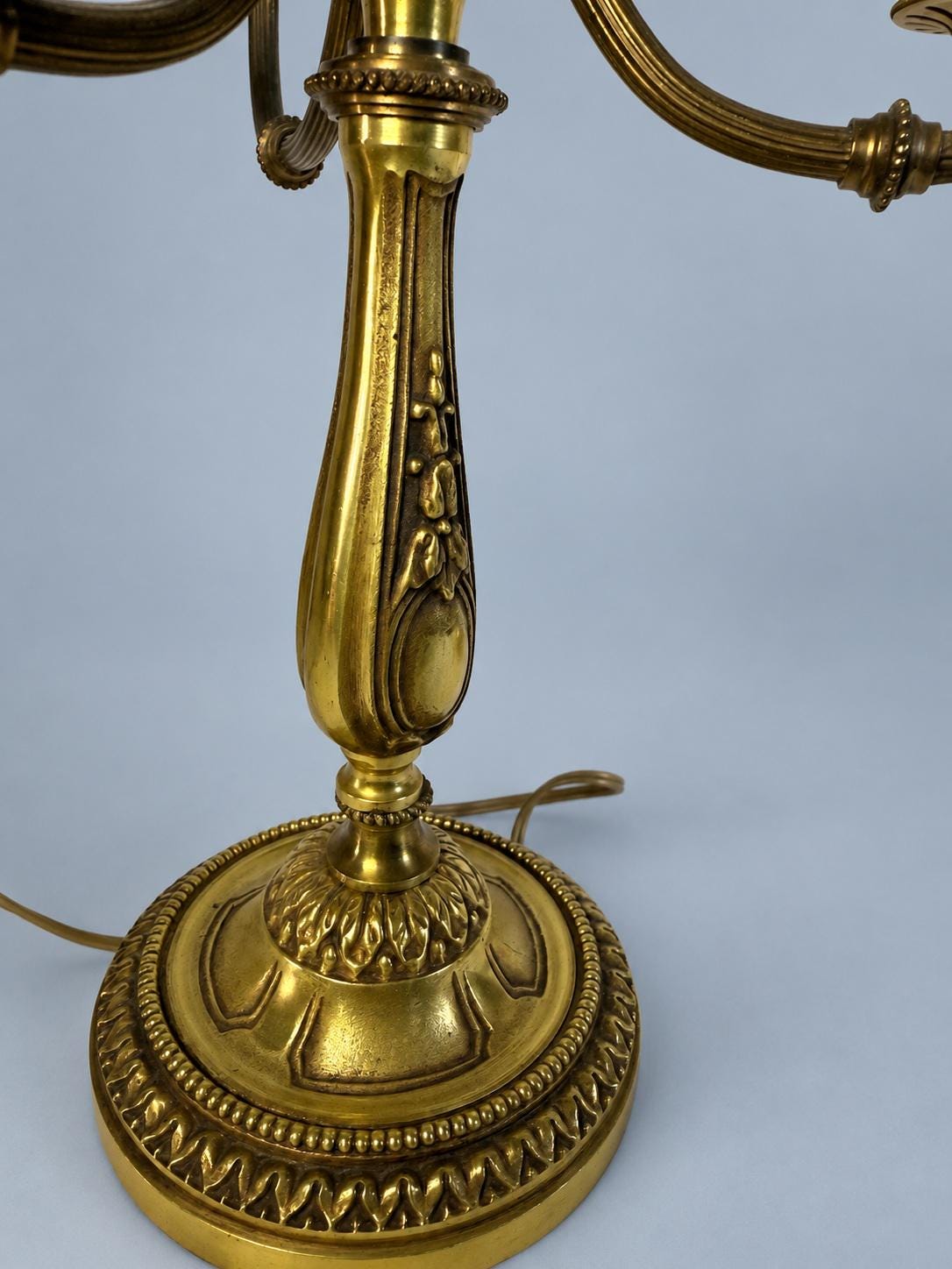 Antique Pair of Napoleon III Louis XVI Style Gilt Metal Three-Light Candelabra Table Lamps