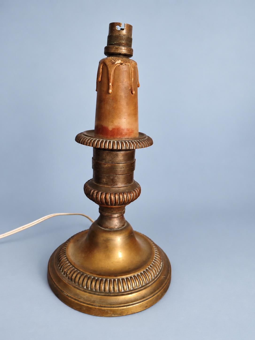 Antique Large Bronze-Tone Candlestick Table Lamp with Gadrooned Base and Drip Pan