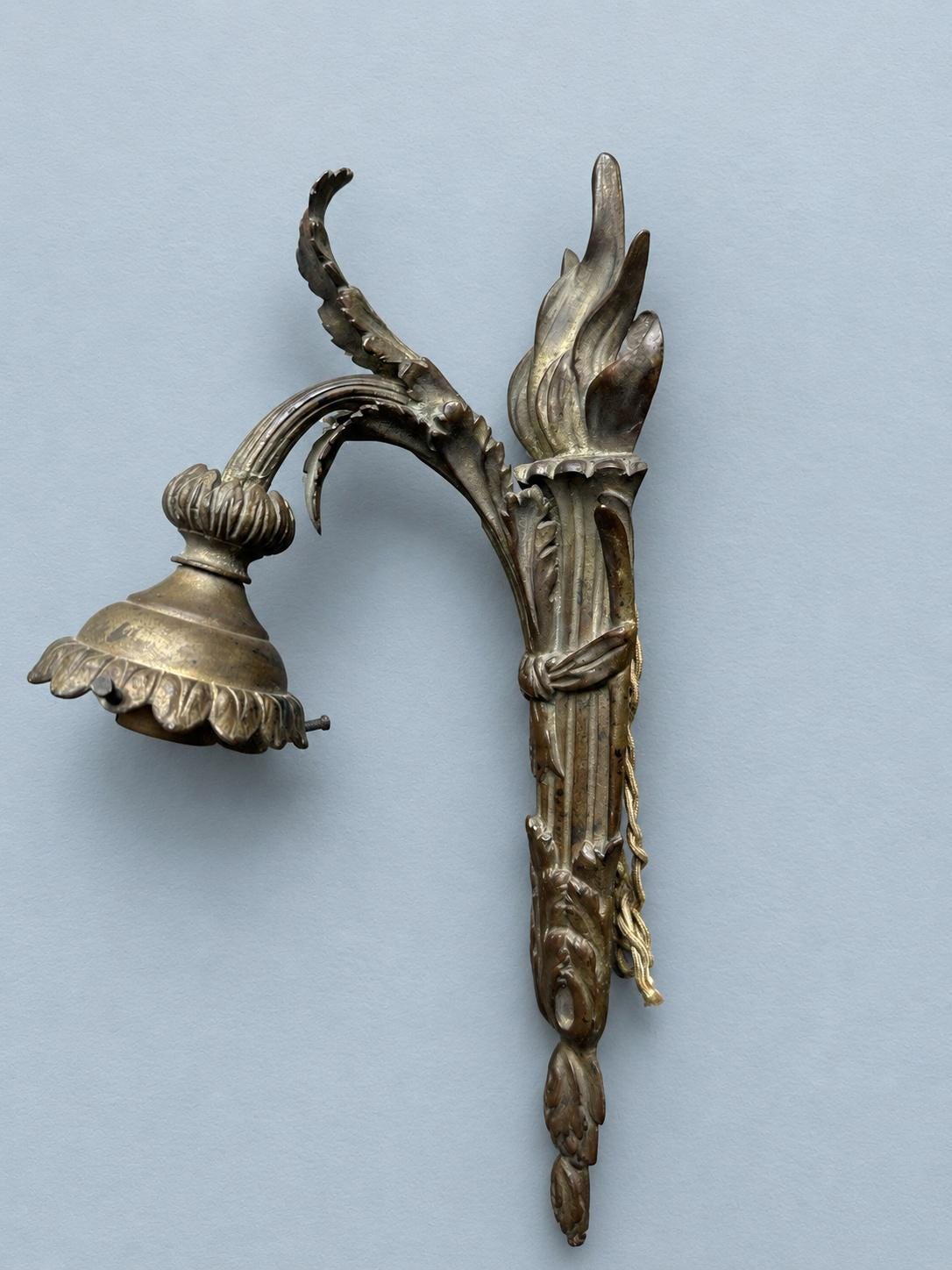 Vintage Single Louis XVI Style Bronze-Tone Torch Wall Sconce with Acanthus Arm and Hanging Shade Holder