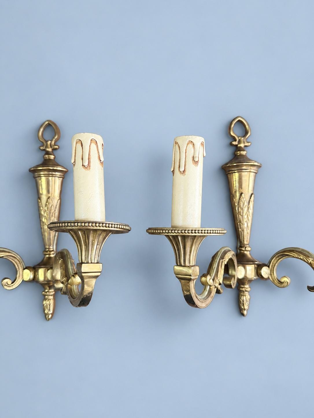 Vintage Pair of Louis XVI Style Brass-Tone Two-Arm Wall Sconces with Leaf-Cast Urn and Heart Loop