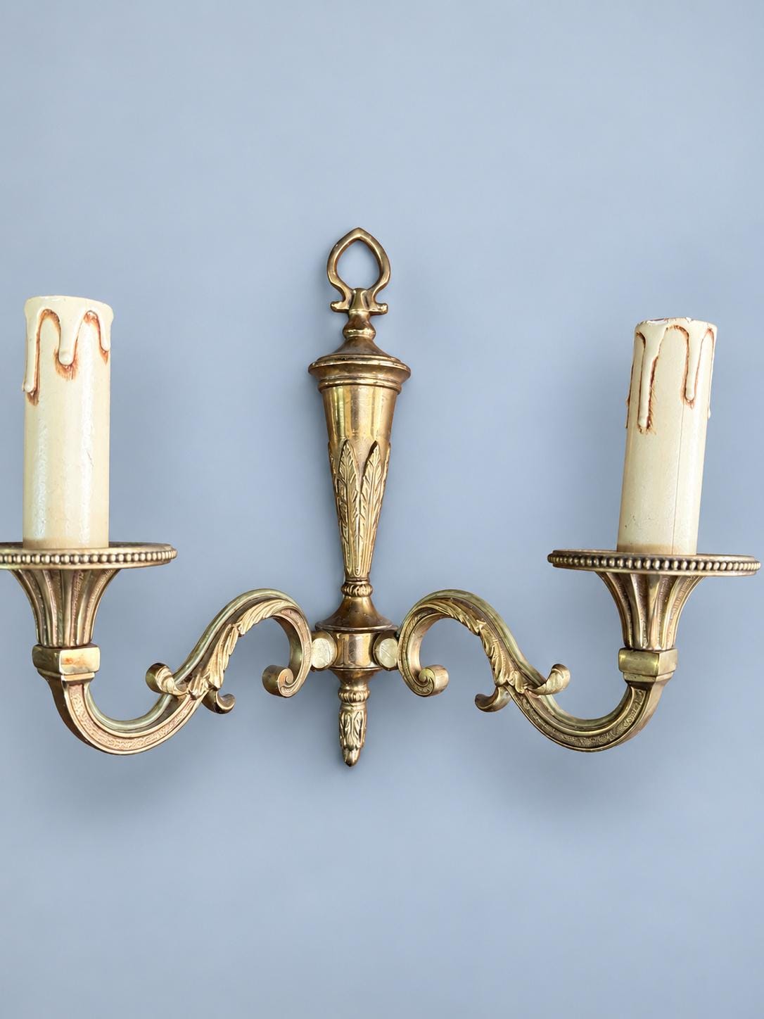 Vintage Pair of Louis XVI Style Brass-Tone Two-Arm Wall Sconces with Leaf-Cast Urn and Heart Loop