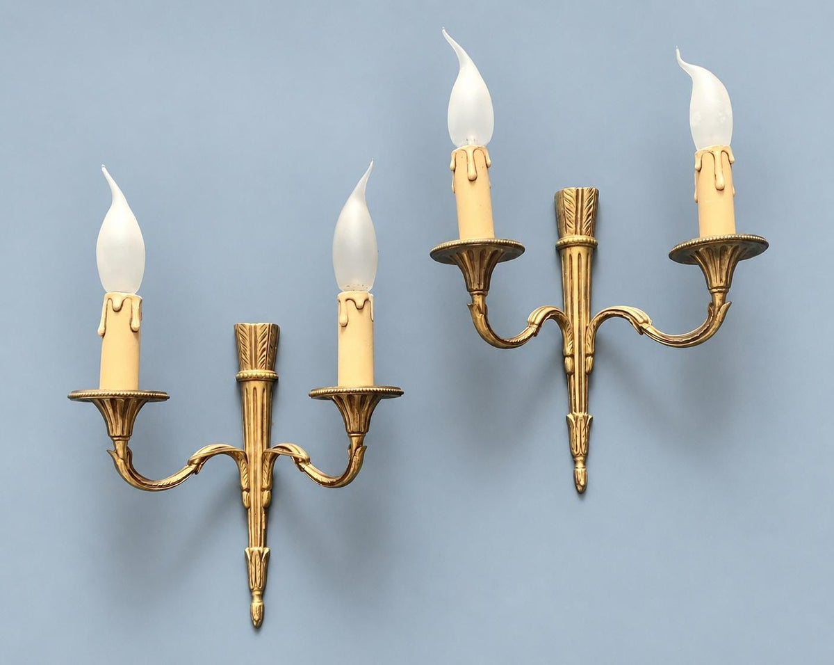 Vintage Pair of French Louis XVI Style Gilt Metal Two-Arm Wall Sconces with Quiver Shaft