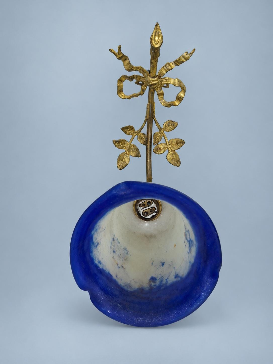 Vintage Single Louis XVI Style Gilt Metal Wall Sconce with Ribbon Bow, Leafy Branches and Mottled Cobalt Glass Tulip Shade
