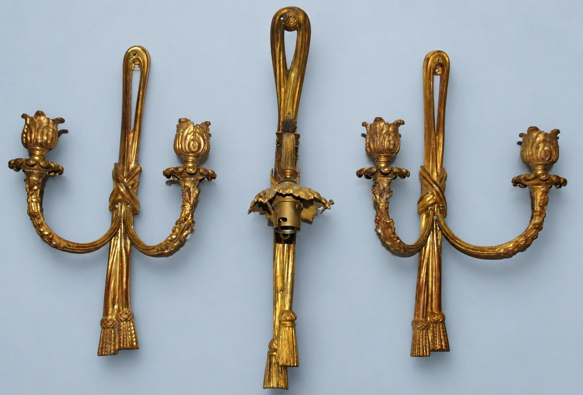Vintage Set of Three Louis XVI Style Gilt Metal Wall Sconces with Curtain Tie-Back and Tassel Design