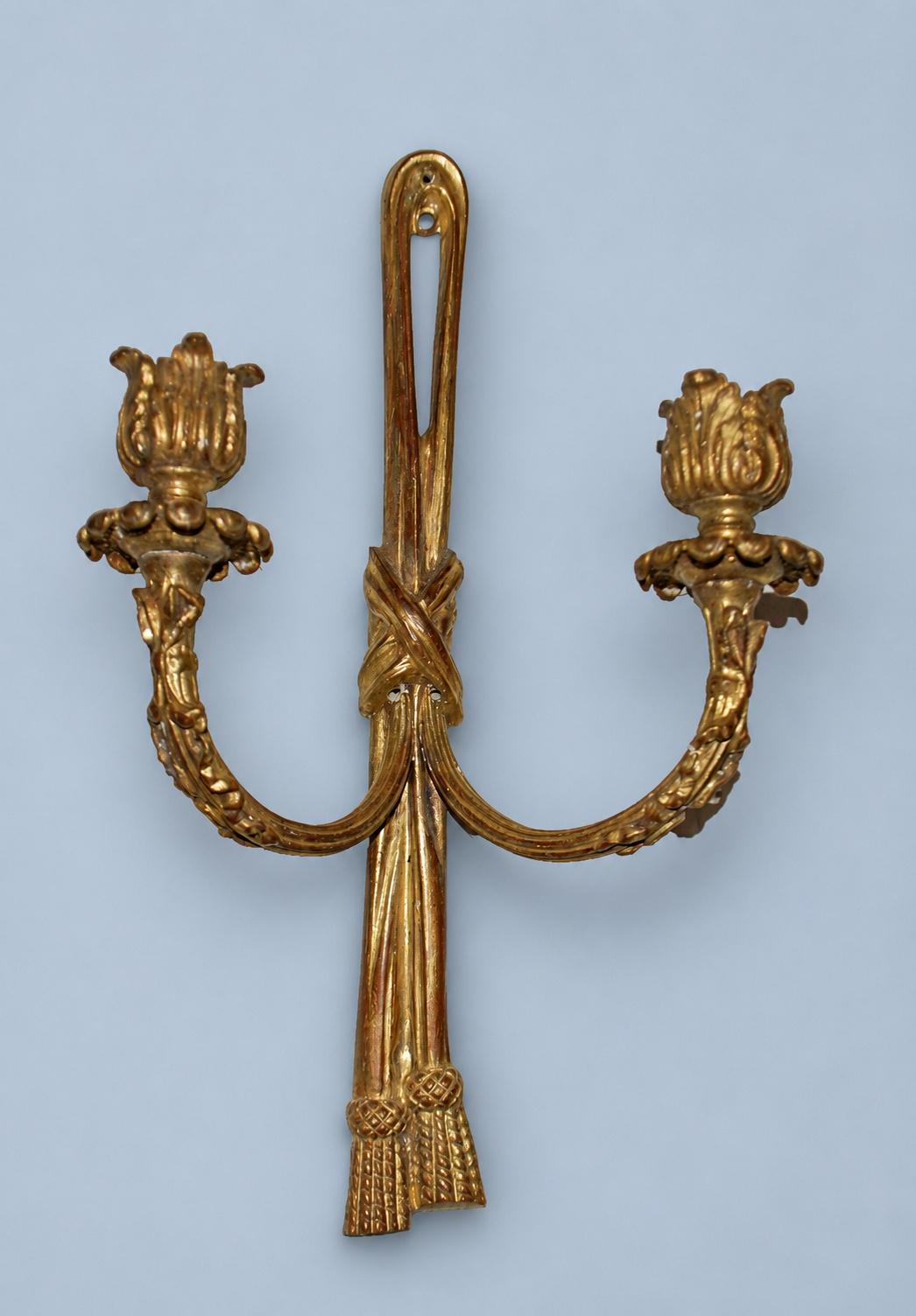 Vintage Set of Three Louis XVI Style Gilt Metal Wall Sconces with Curtain Tie-Back and Tassel Design