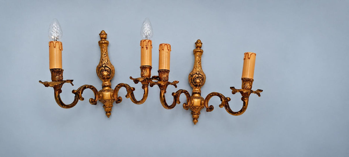 Vintage Pair of Louis XV Style Gilt Metal Two-Arm Wall Sconces with Shell Cartouche Stem