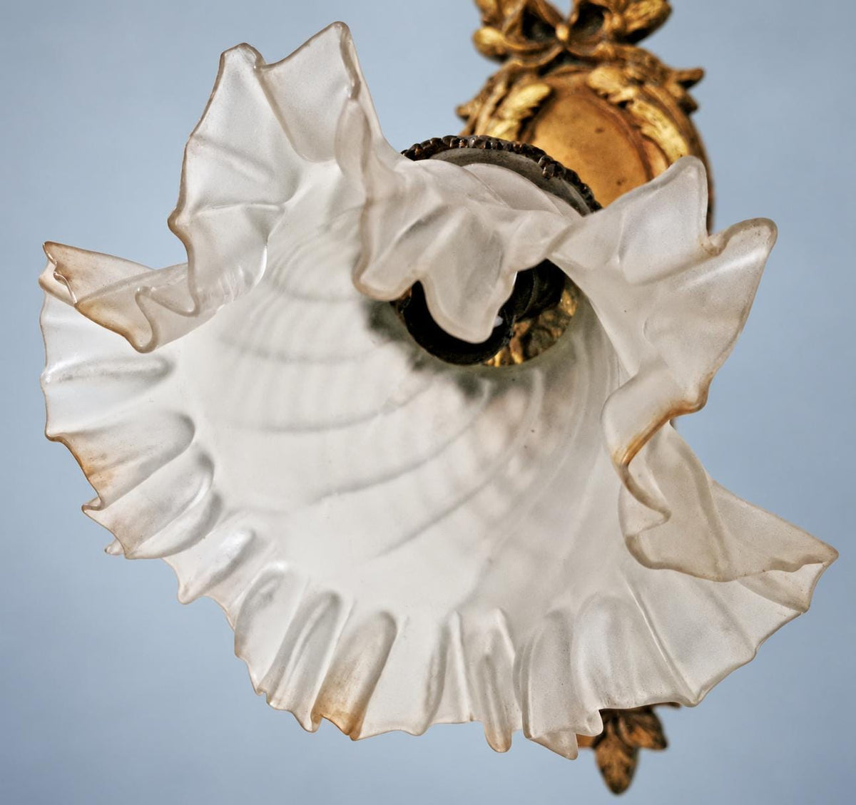 Antique Single Louis XVI Style Bronze-Tone Wall Sconce with Laurel Wreath and Frosted Glass Tulip Shade
