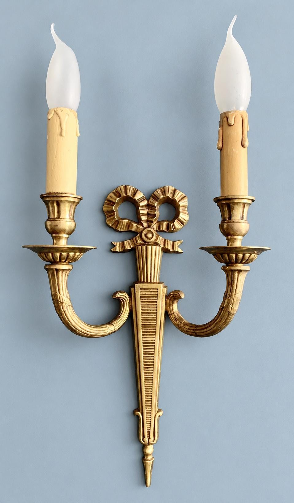 Vintage Single French Louis XVI Style Gilt Metal Two-Arm Wall Sconce with Ribbon Bow and Tapering Shaft