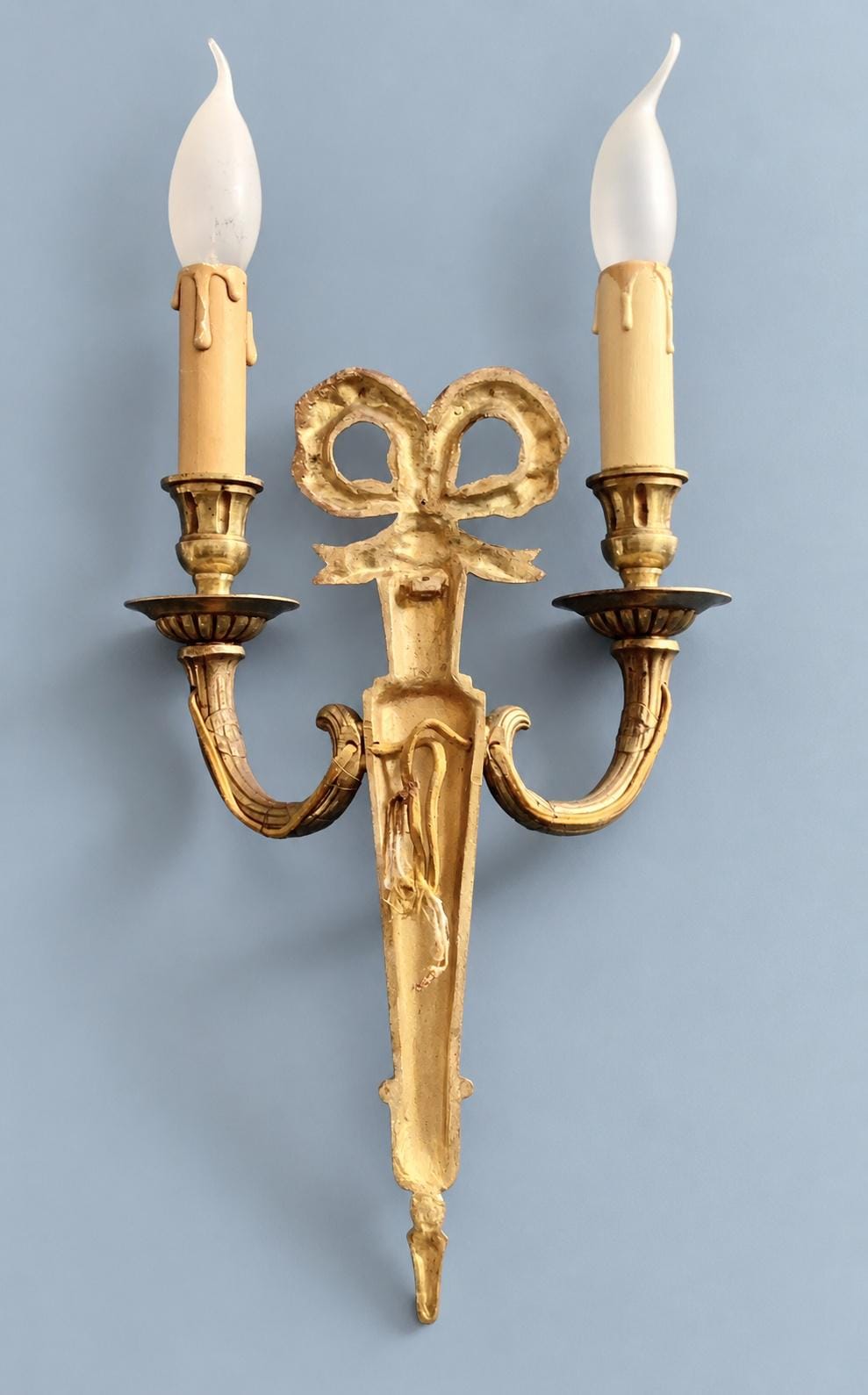 Vintage Single French Louis XVI Style Gilt Metal Two-Arm Wall Sconce with Ribbon Bow and Tapering Shaft