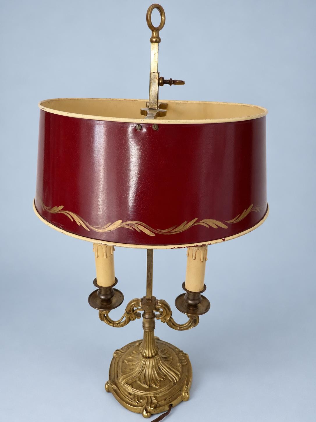 Vintage Bouillotte-Style Two-Light Gilt Metal Lamp with Louis XV Base and Burgundy Tôle Shade
