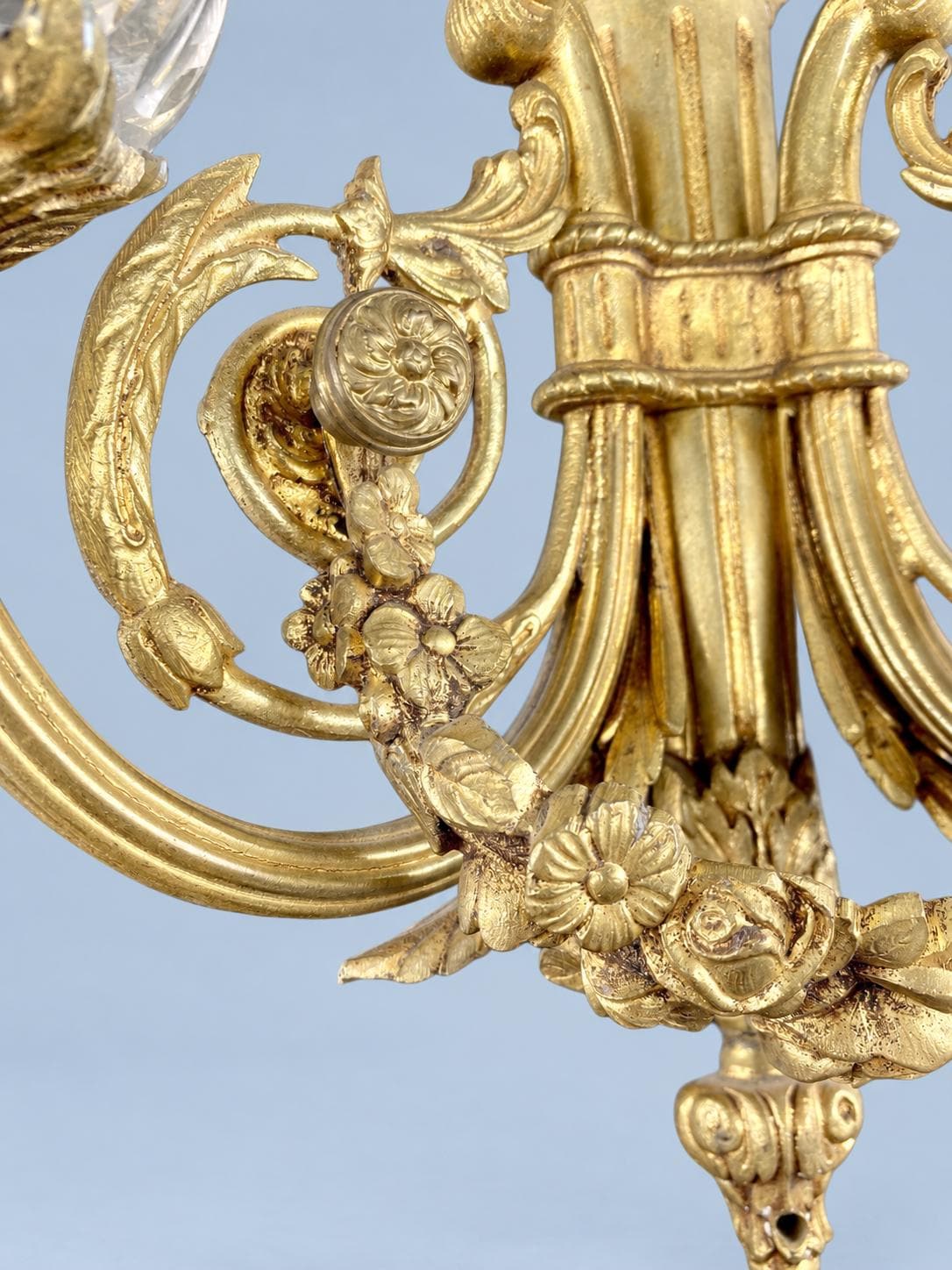 Vintage Pair of Louis XVI Style Brass-Tone Two-Arm Wall Sconces with Ribbon Bow, Flower Garlands and Glass Drip Pans