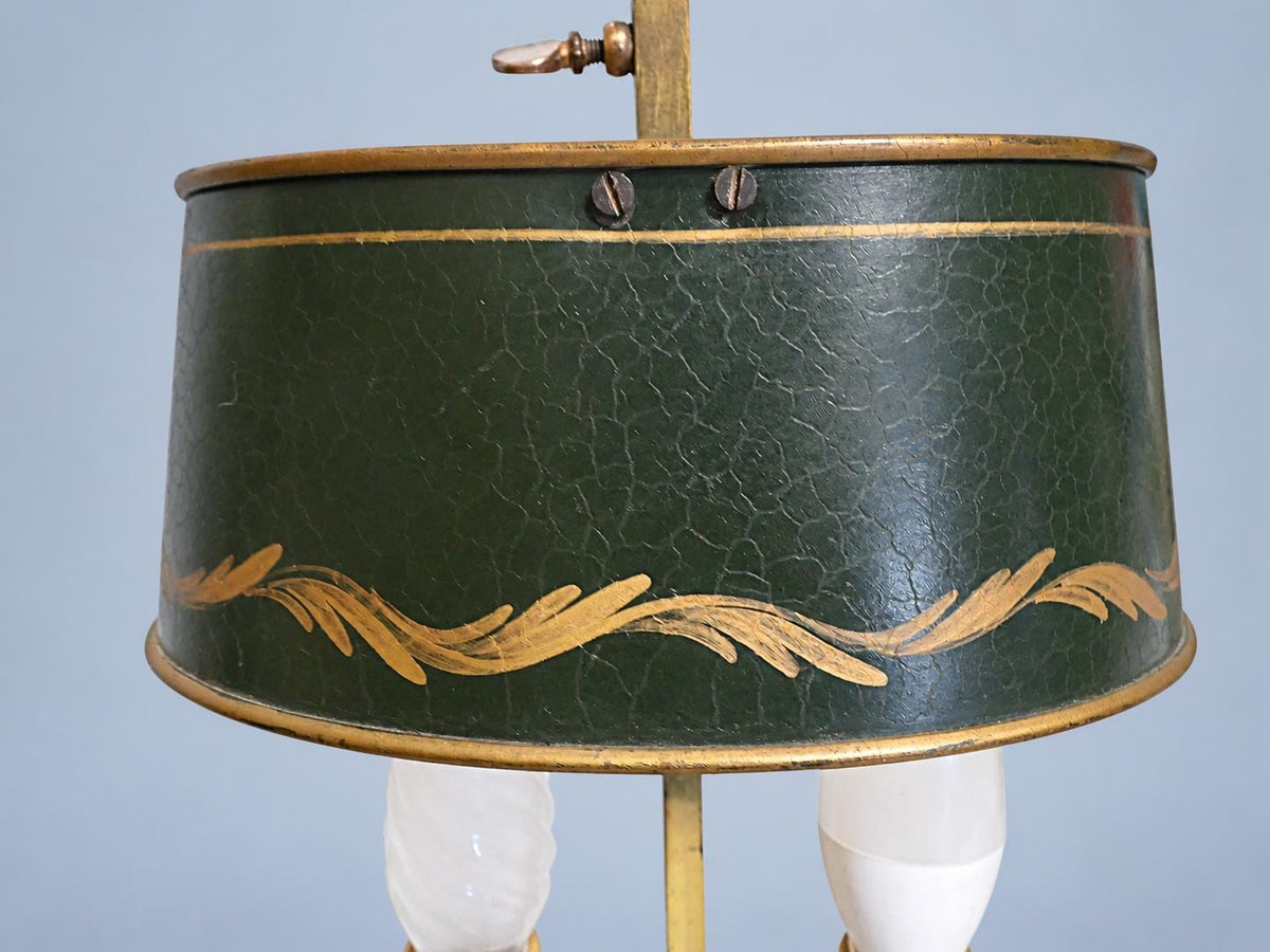 Vintage Small Bouillotte Two-Light Brass-Tone Table Lamp with Oval Green Tôle Shade