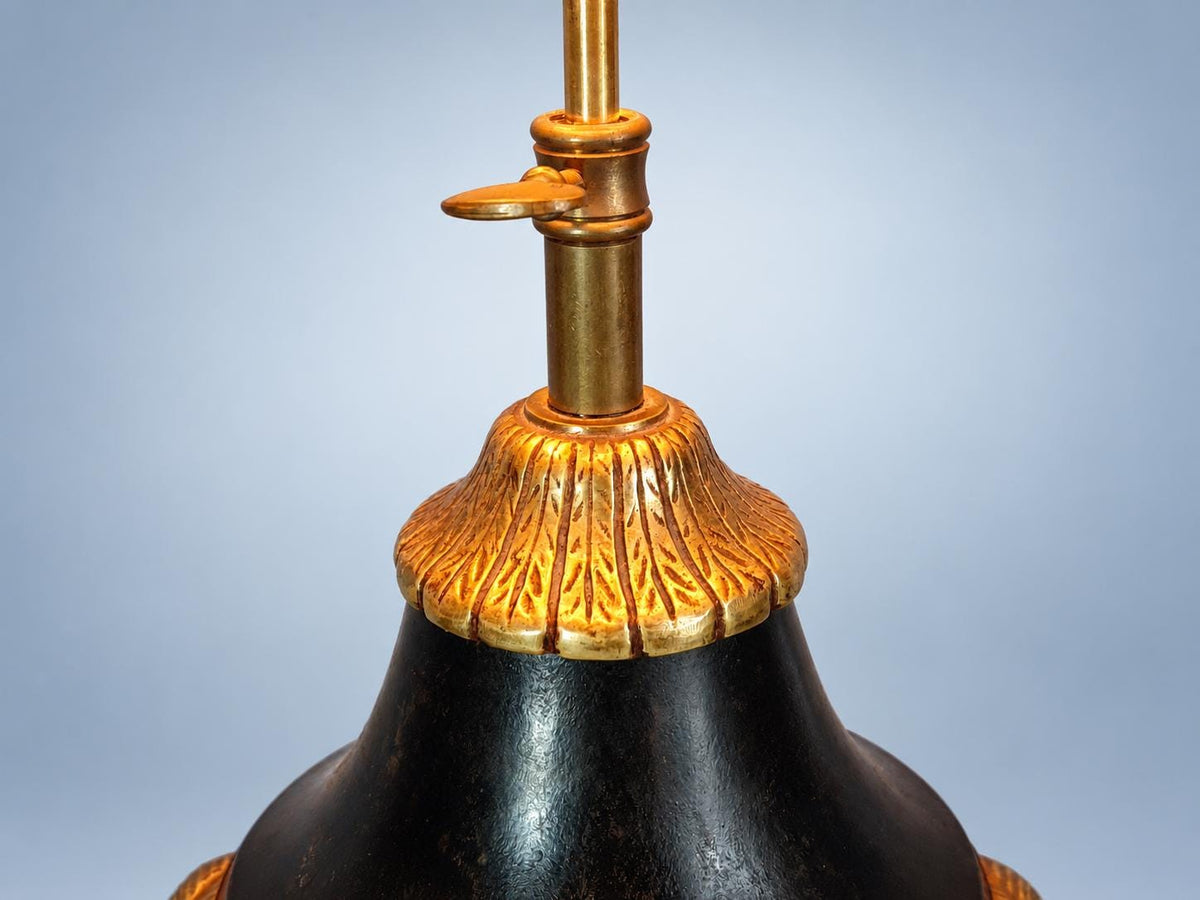 Antique French Adjustable Urn Table Lamp, Ram Head Mounts, Dark Patina, Cream Fabric Shade, Louis XVI Style