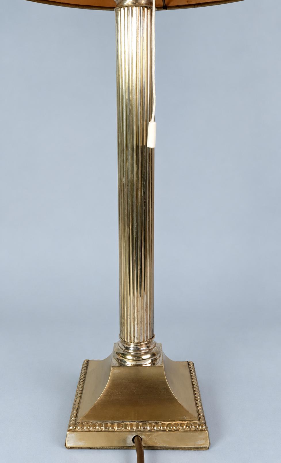 Antique Fluted Column Table Lamp with Worn Silver-Tone Finish, Beaded Square Base and Modern Shade