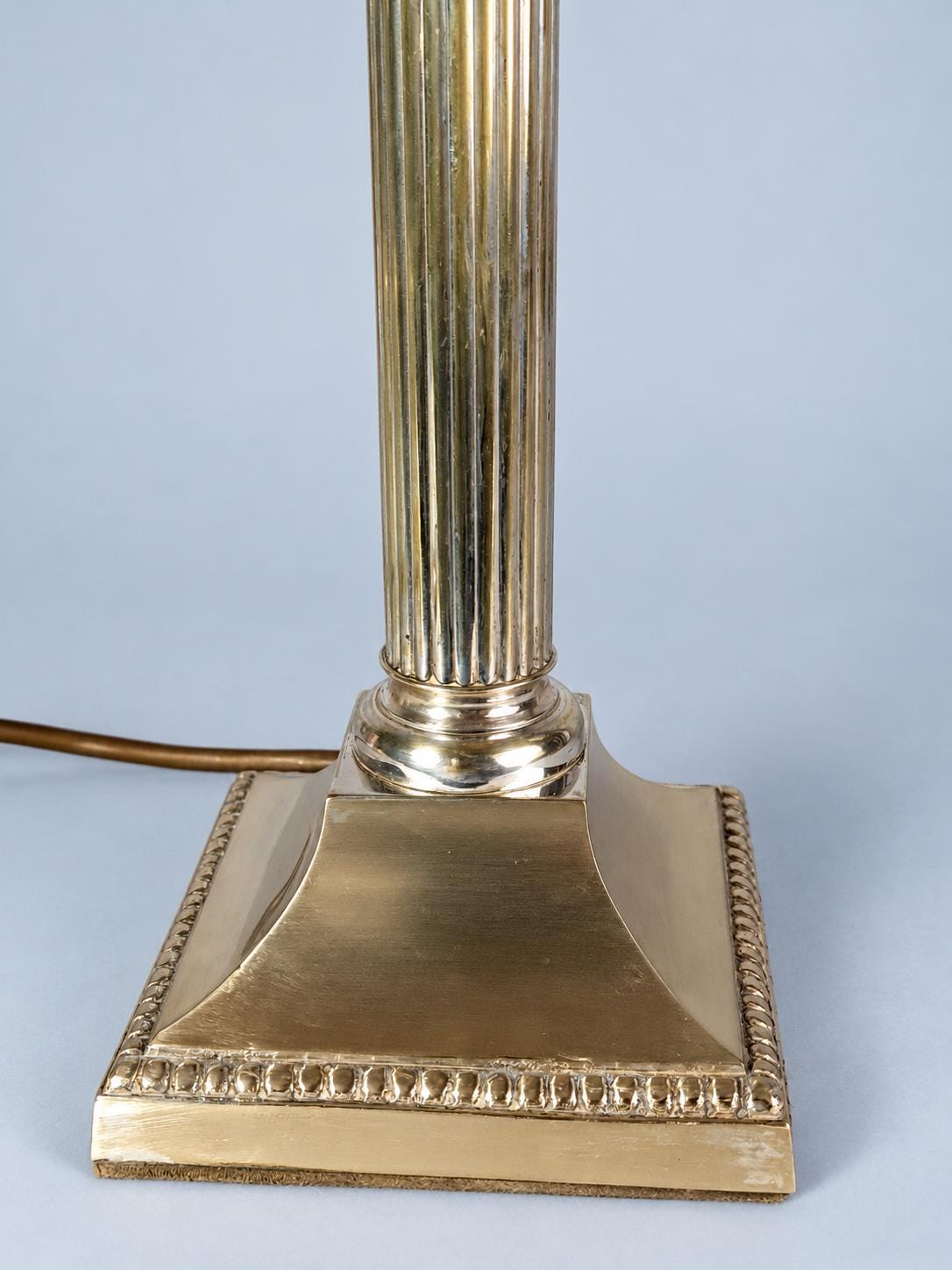 Antique Fluted Column Table Lamp with Worn Silver-Tone Finish, Beaded Square Base and Modern Shade