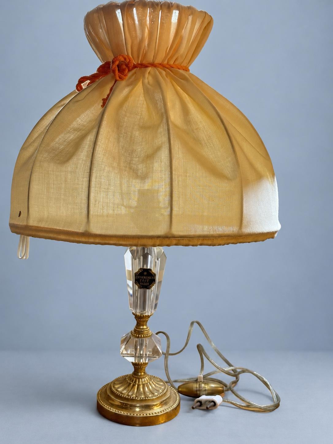 Vintage 1950s Louis XVI Style Cut Clear Glass and Gilt Metal Table Lamp with Gathered Fabric Shade