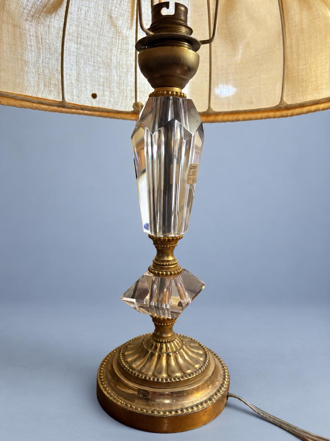 Vintage 1950s Louis XVI Style Cut Clear Glass and Gilt Metal Table Lamp with Gathered Fabric Shade