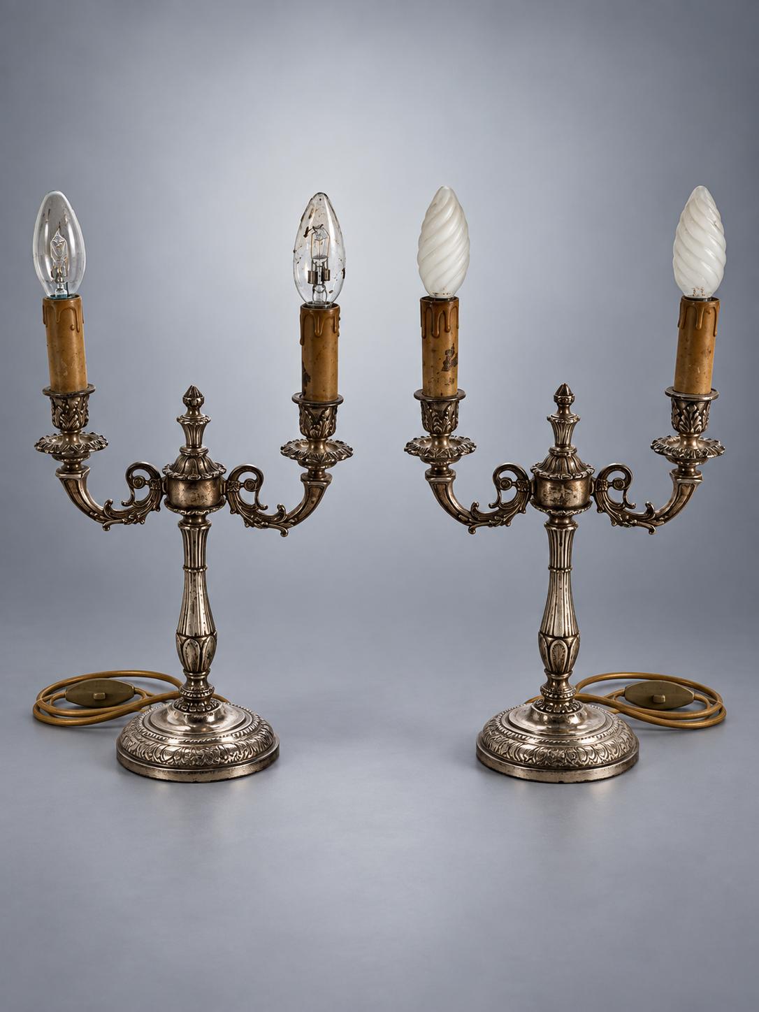 Pair of Three-Light Candelabra Table Lamps in Silver-Toned Metal, 42 x 23 cm