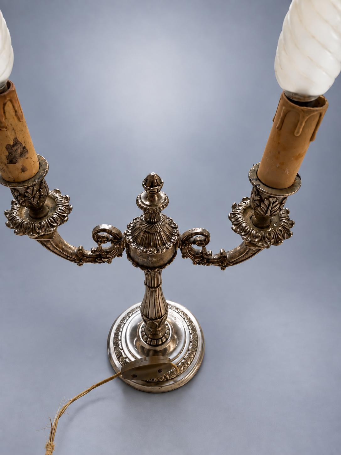 Pair of Three-Light Candelabra Table Lamps in Silver-Toned Metal, 42 x 23 cm