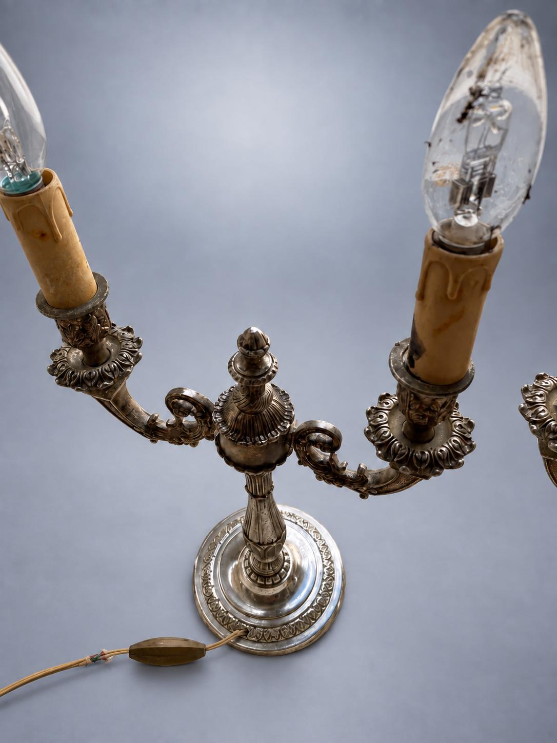 Pair of Three-Light Candelabra Table Lamps in Silver-Toned Metal, 42 x 23 cm