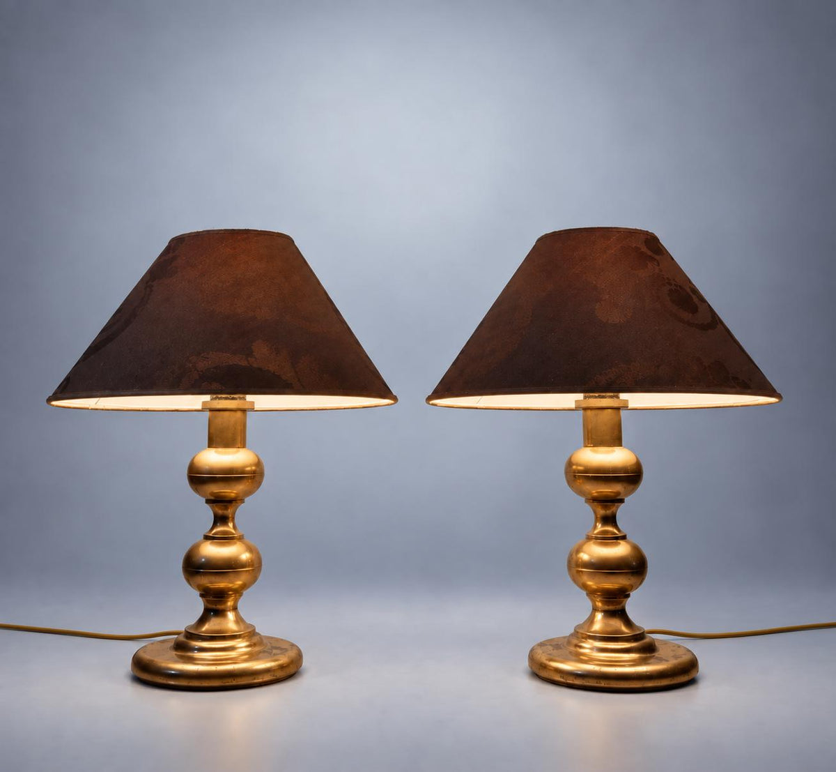 Pair of Table Lamps in Gold-Toned Metal with Patterned Fabric Shades