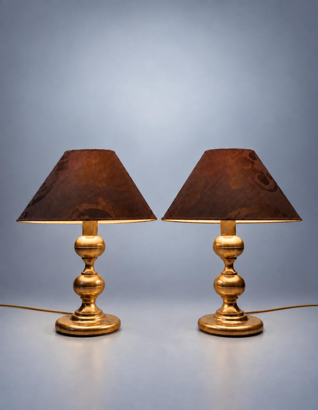 Pair of Table Lamps in Gold-Toned Metal with Patterned Fabric Shades