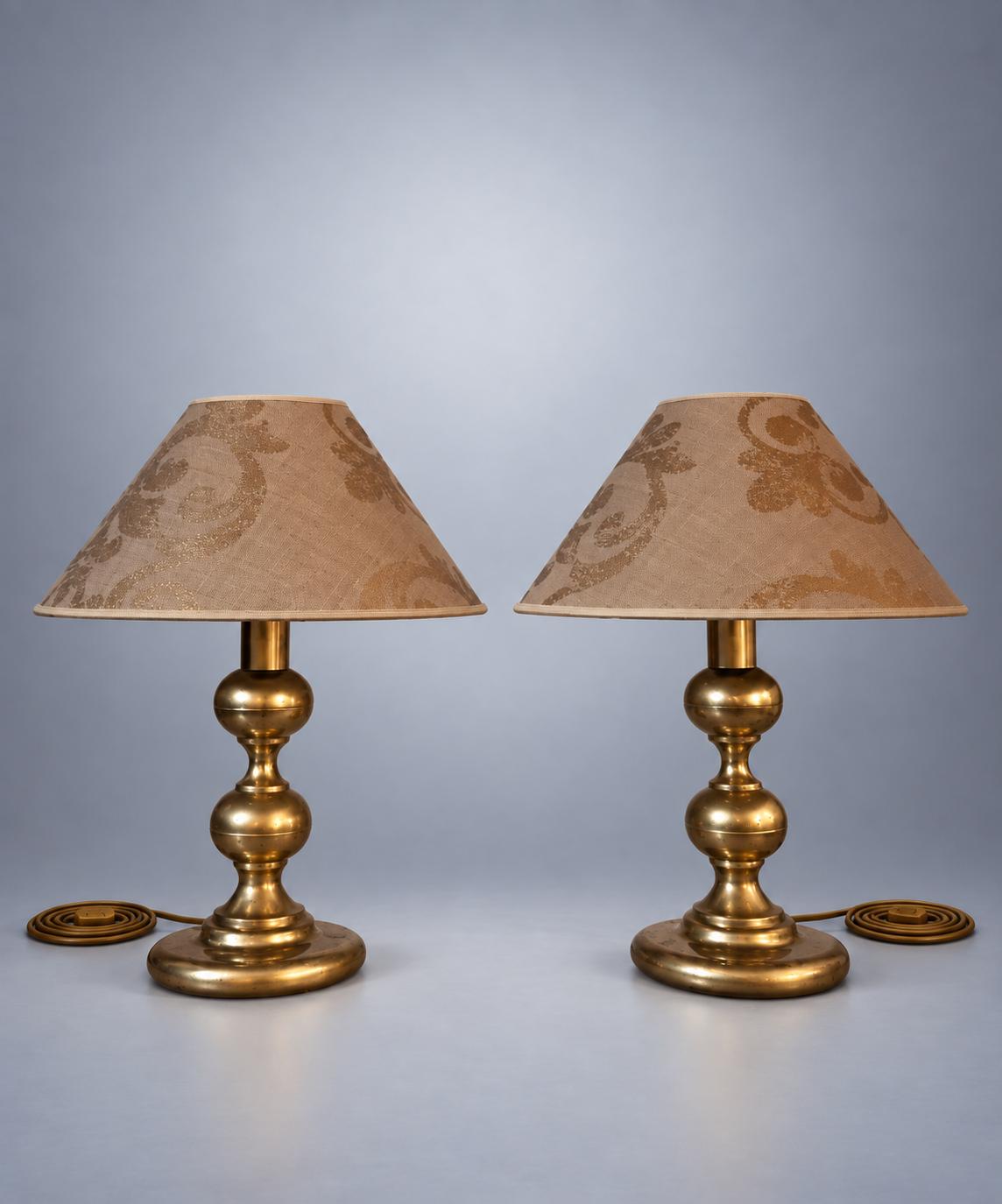 Pair of Table Lamps in Gold-Toned Metal with Patterned Fabric Shades