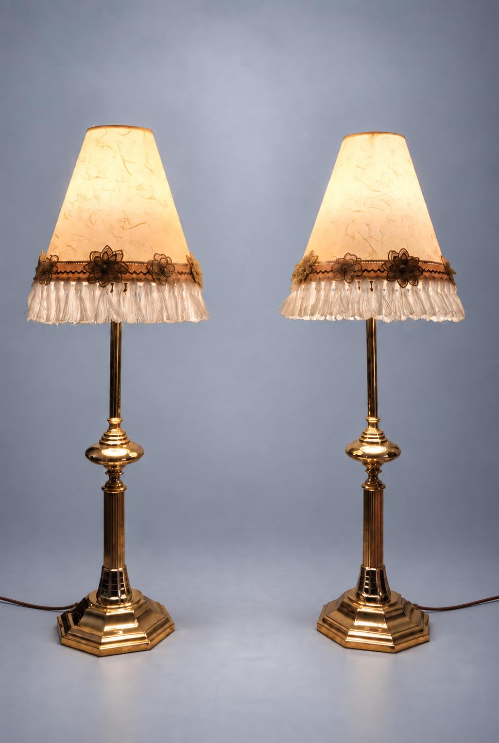 Pair of Column Table Lamps in Gold-Tone Metal with Fringed Shades