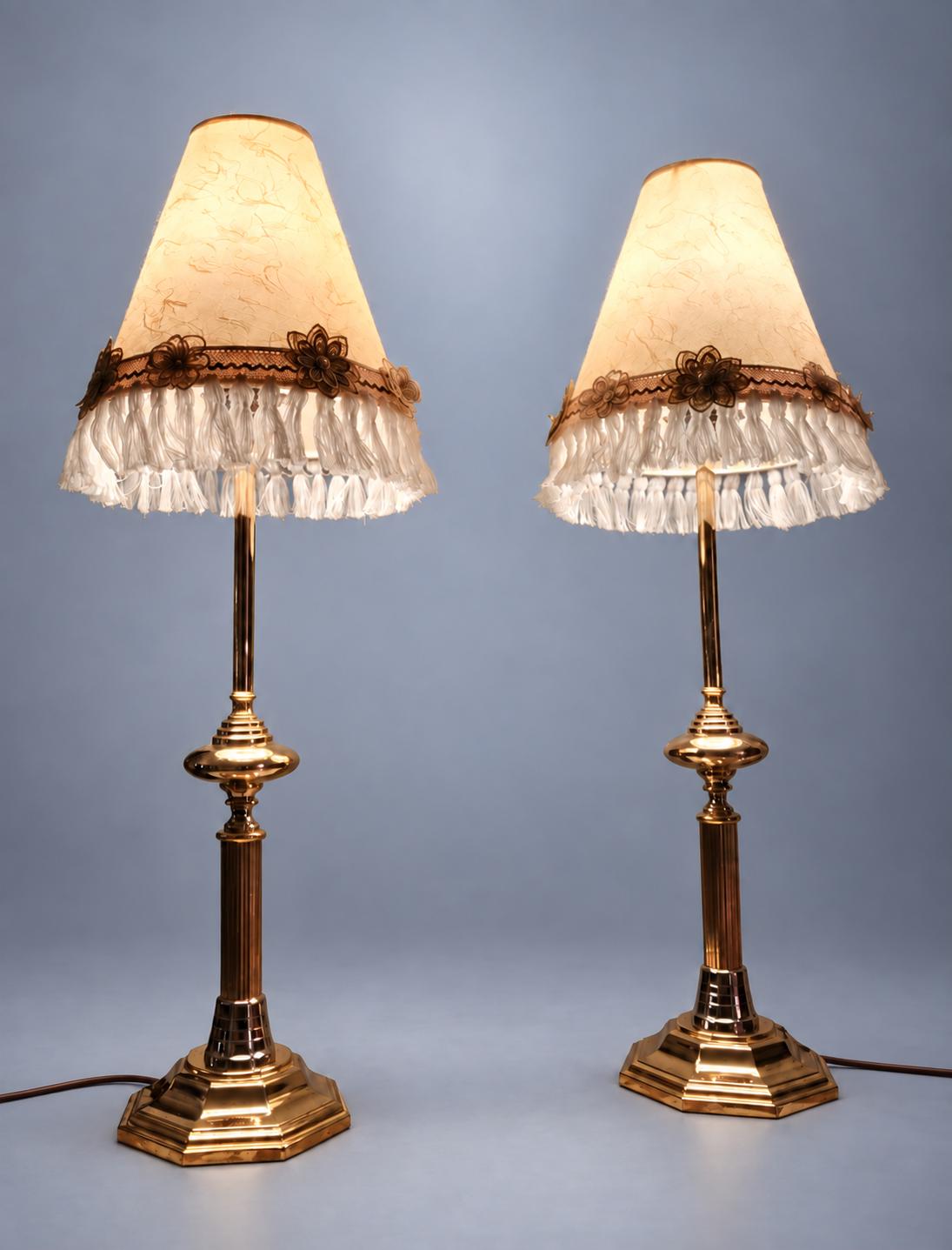 Pair of Column Table Lamps in Gold-Tone Metal with Fringed Shades