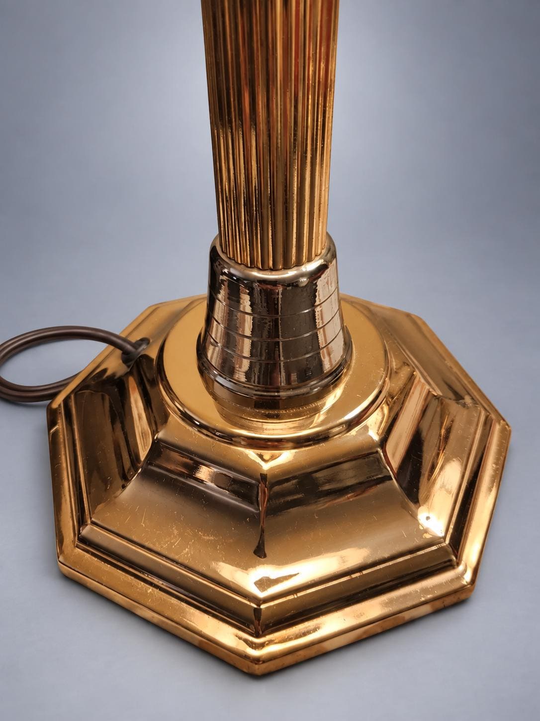 Pair of Column Table Lamps in Gold-Tone Metal with Fringed Shades