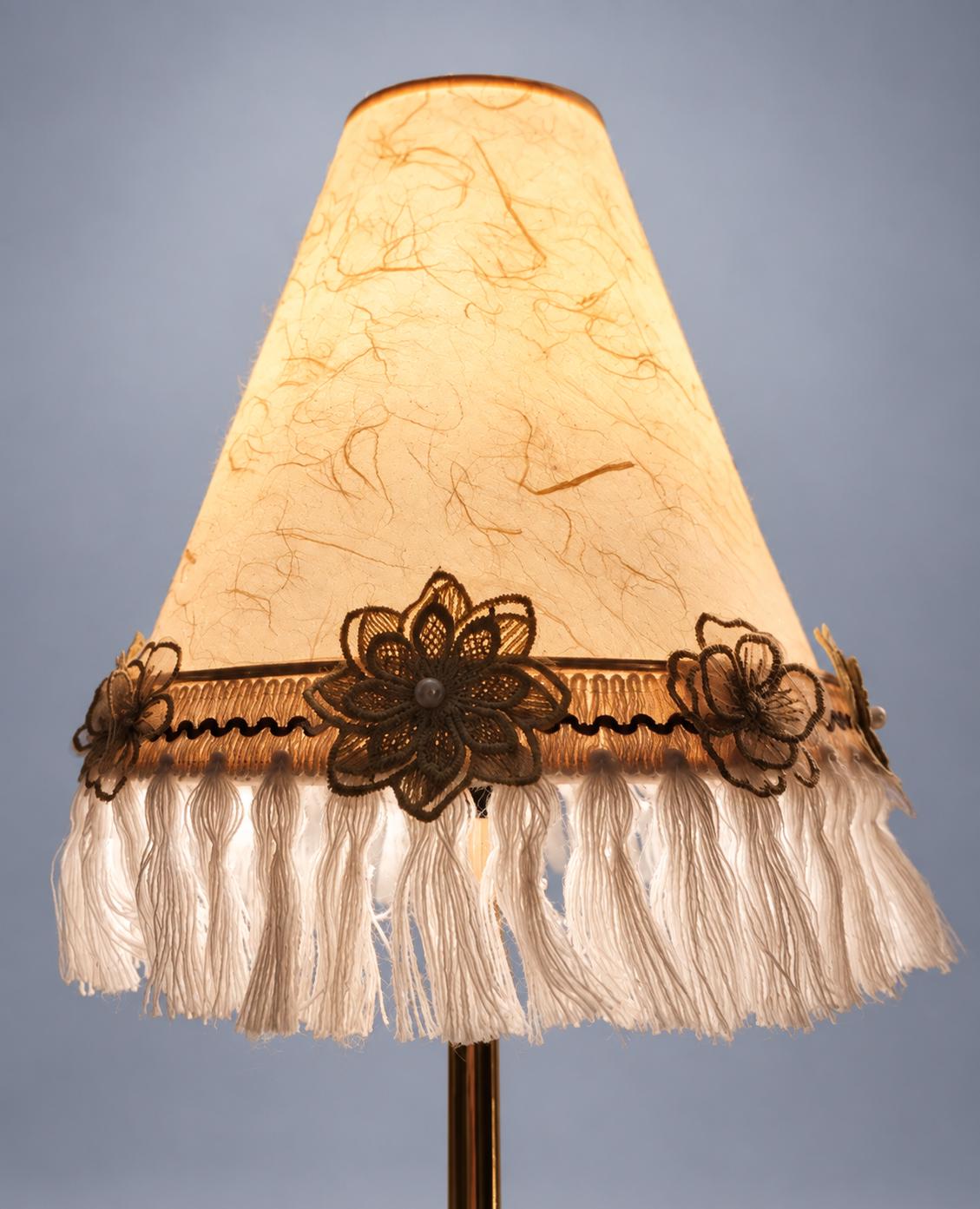 Pair of Column Table Lamps in Gold-Tone Metal with Fringed Shades