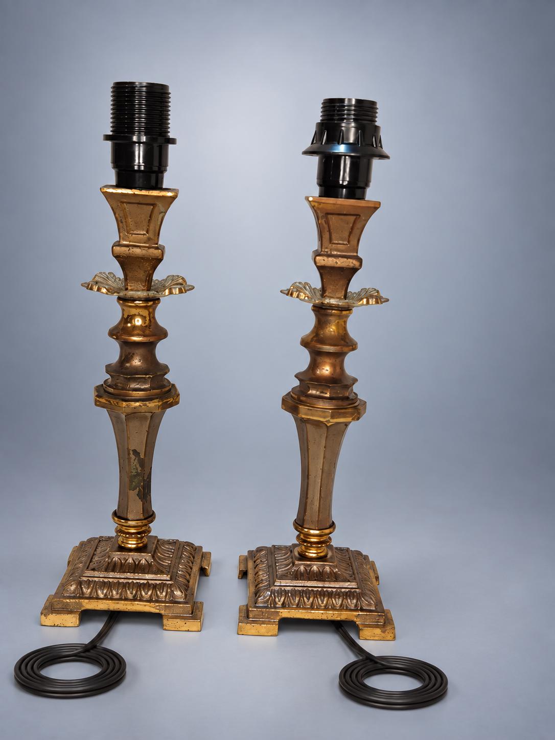Pair of Vintage Candlestick Table Lamps with White Fabric Shades, 35 x 20 cm