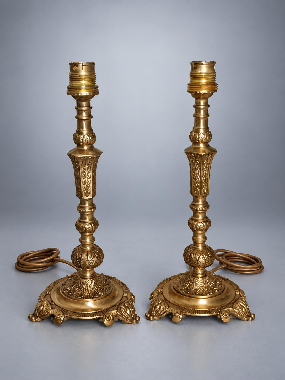 Pair of Ornate Brass Lamp Bases, Rococo-Style Candlestick Form, Decorative Feet, 27 cm
