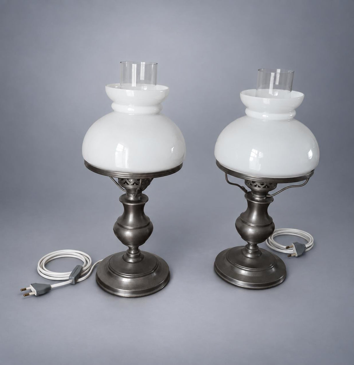 Pair of Pewter and Opal Glass Table Lamps, Oil-Lamp Form, 35 cm