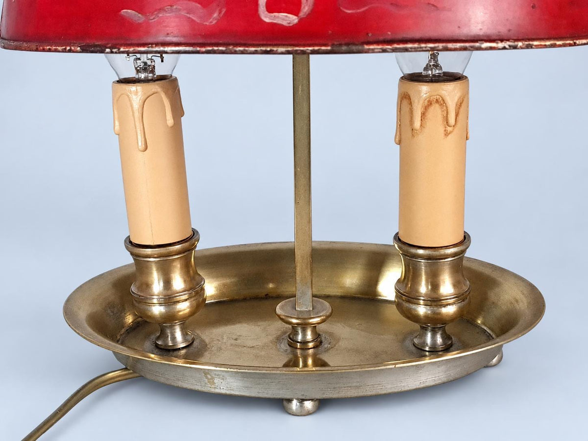 Antique Small Bouillotte Two-Light Lamp with Brass-Tone Dished Base and Painted Red Tôle Shade with Flowers and Ribbons