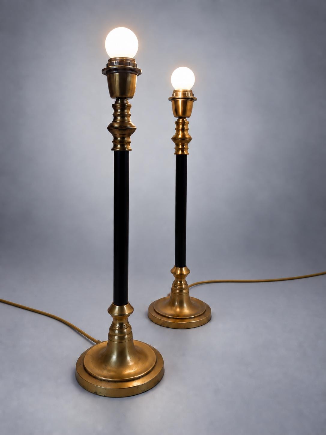 Vintage Brass Table Lamps with Black Lacquered Columns, Candlestick-Form Design