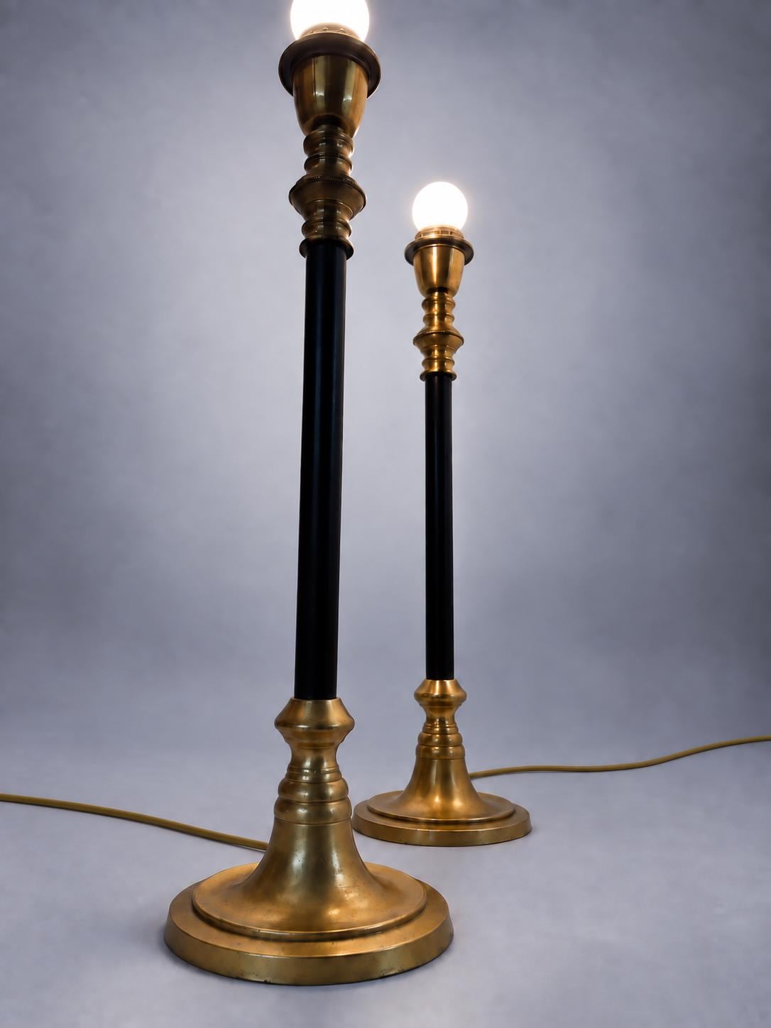 Vintage Brass Table Lamps with Black Lacquered Columns, Candlestick-Form Design