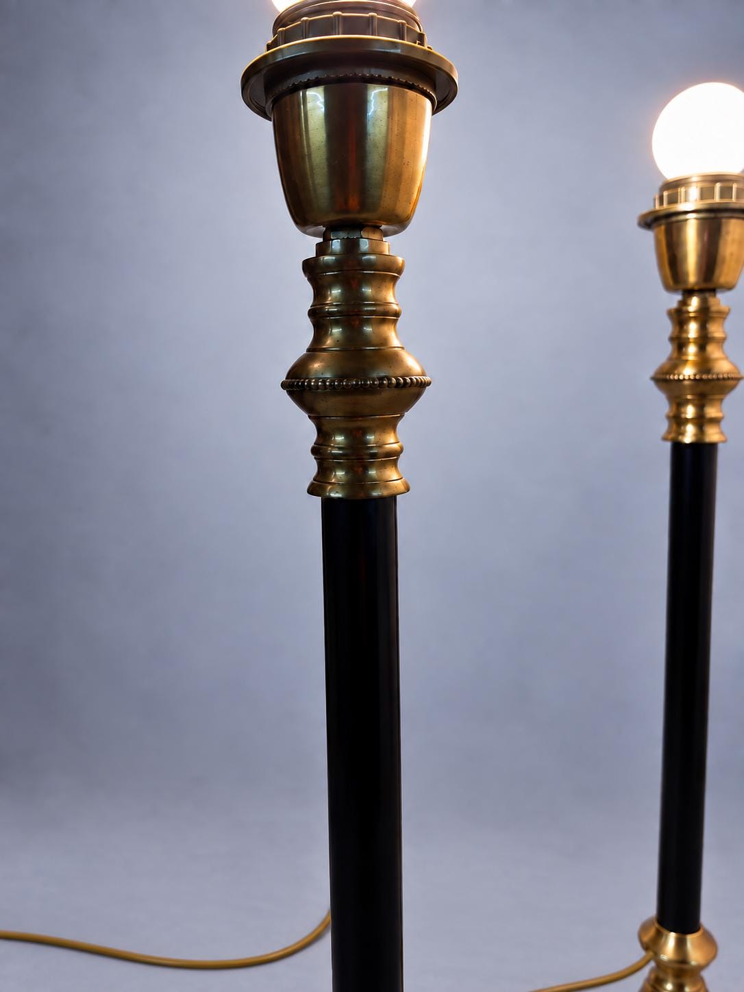 Vintage Brass Table Lamps with Black Lacquered Columns, Candlestick-Form Design