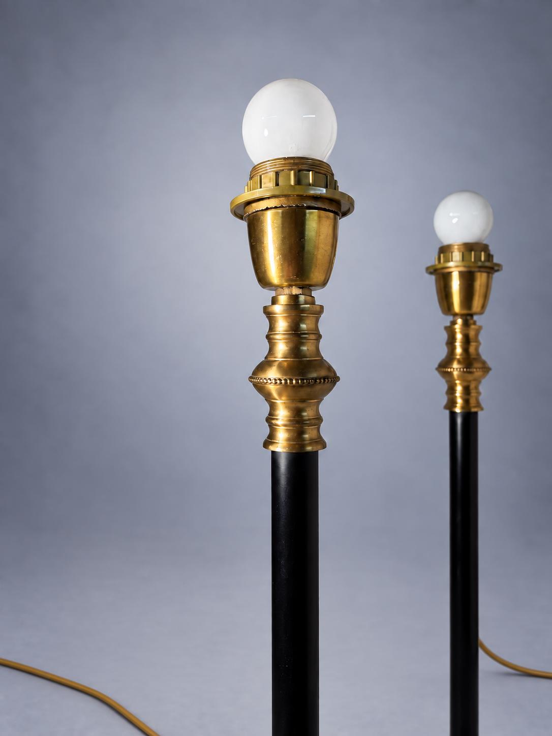 Vintage Brass Table Lamps with Black Lacquered Columns, Candlestick-Form Design
