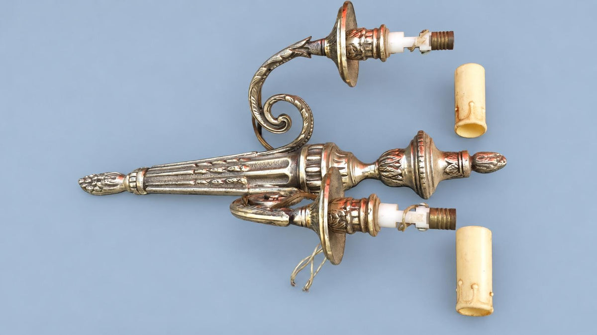Vintage Louis XVI Style Single Two-Arm Silver-Tone Wall Sconce with Fluted Torch and Palmette Drip Pans