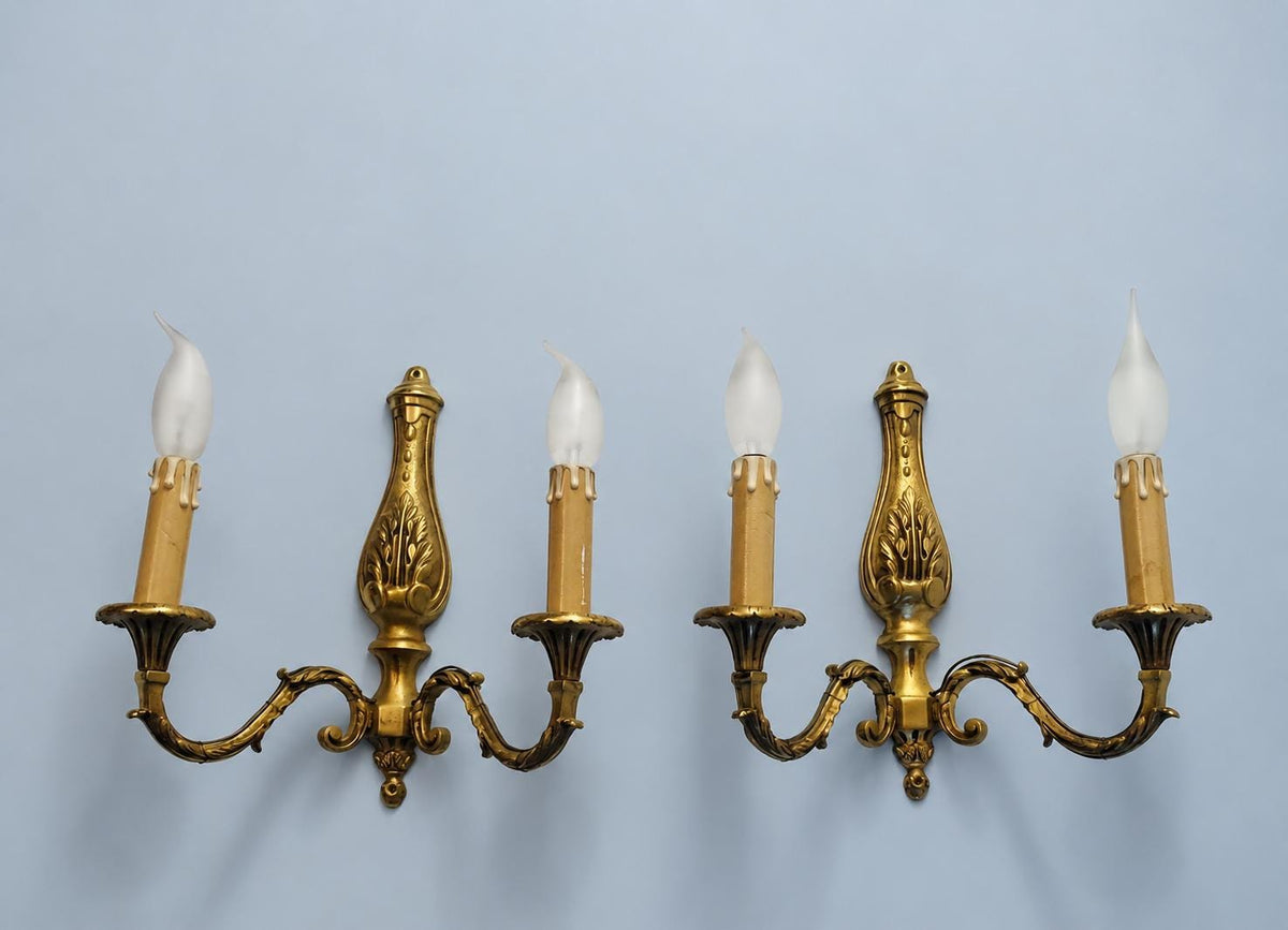 Vintage Pair of French Louis XVI Style Two-Arm Bronze-Tone Wall Sconces with Acanthus Back Plates