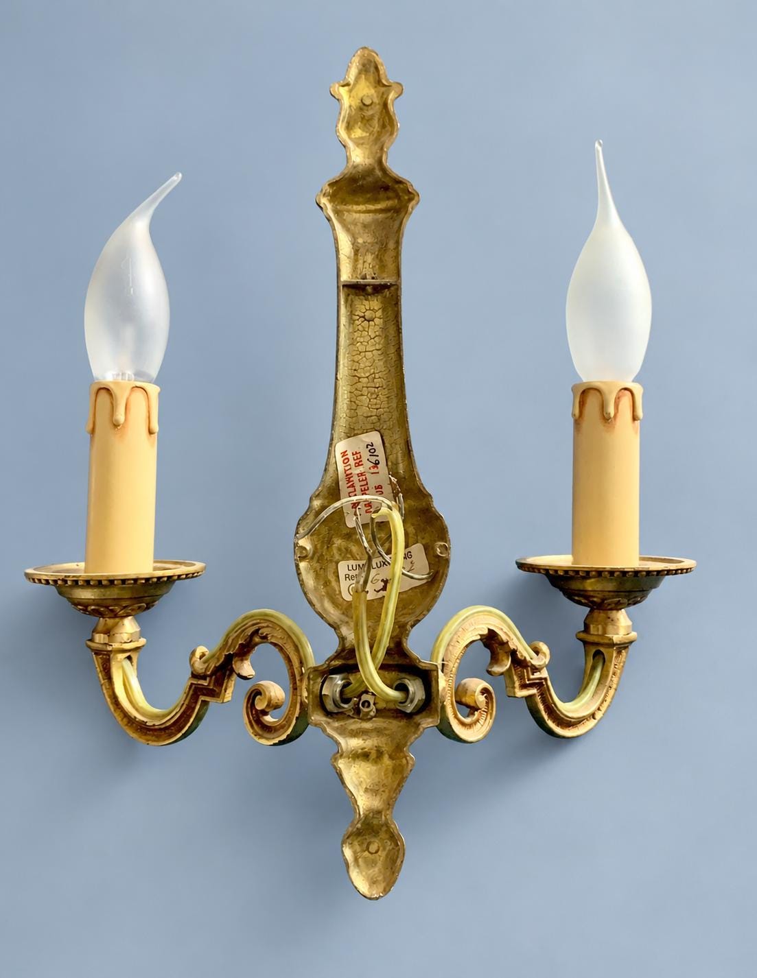 Vintage Pair of French Louis XVI Style Two-Arm Gilt Metal Wall Sconces with Acanthus Column Back Plates