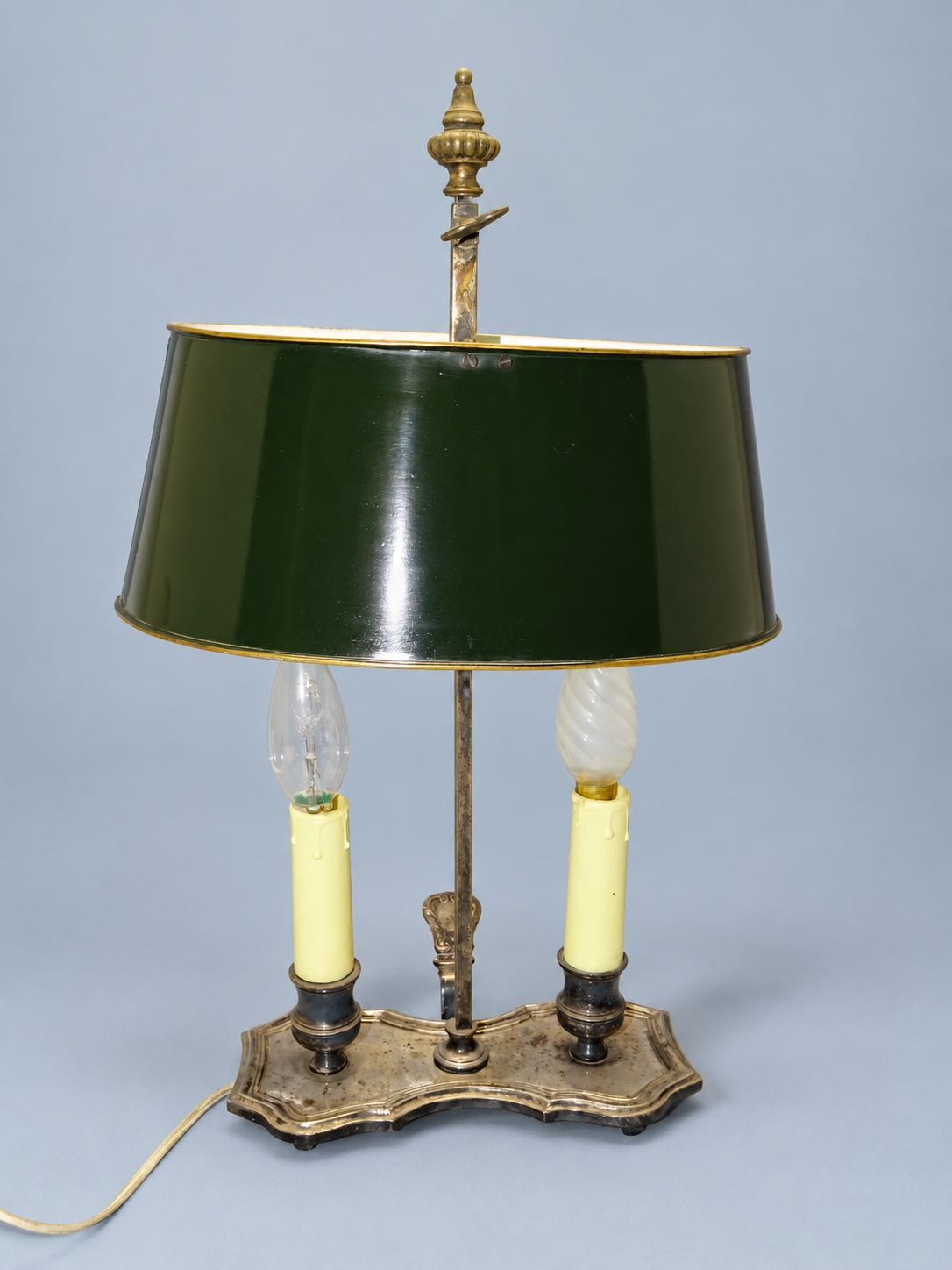 Vintage Bouillotte Two-Light Lamp with Shaped Silver-Tone Base and Dark Green Tôle Shade