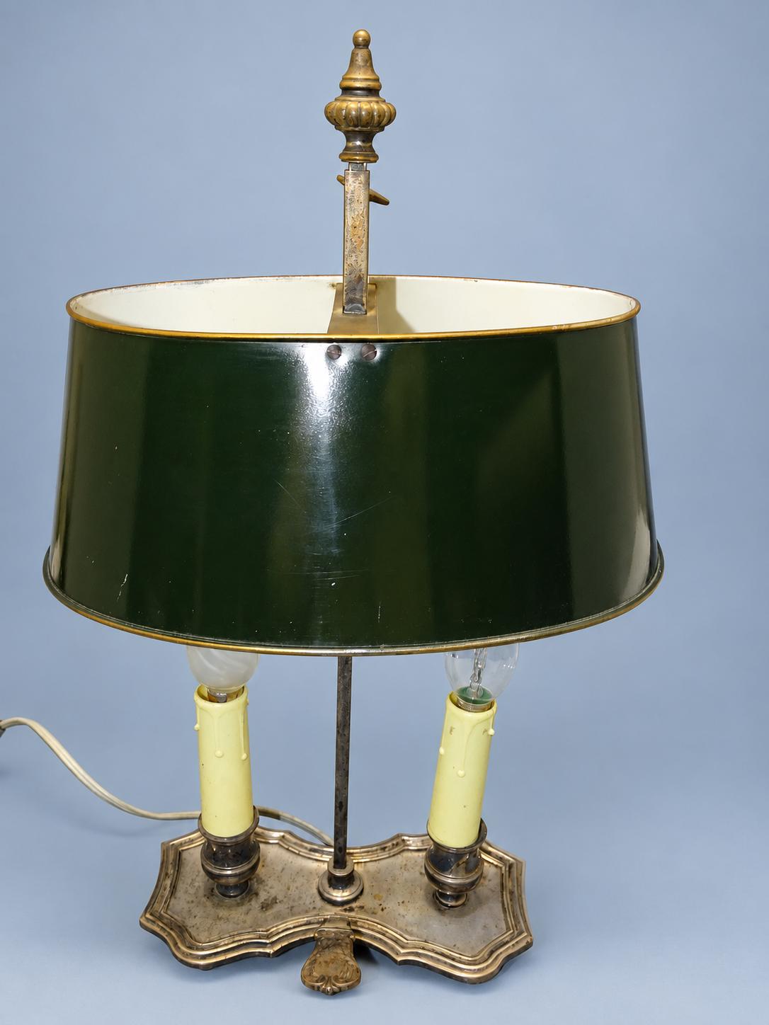 Vintage Bouillotte Two-Light Lamp with Shaped Silver-Tone Base and Dark Green Tôle Shade