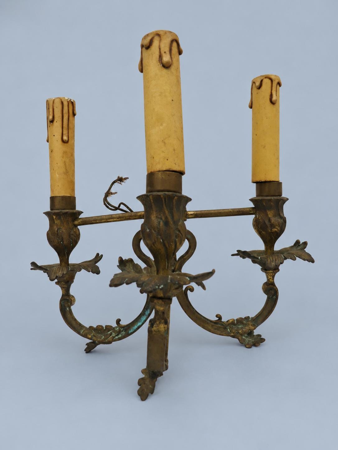Antique Bronze Three-Arm Wall Sconce, Oak Leaf and Acorn Decor, Louis XVI Style, Aged Candle Sleeves
