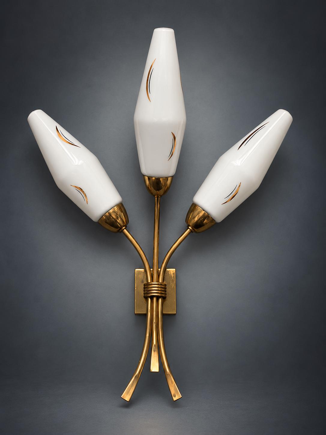 Pair of Three-Light Brass and Opal Glass Wall Sconces, 1950s/60s — European