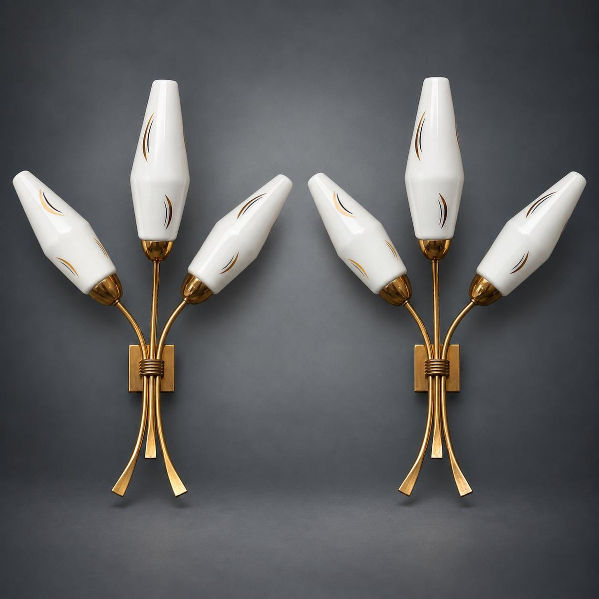 Pair of Three-Light Brass and Opal Glass Wall Sconces, 1950s/60s — European
